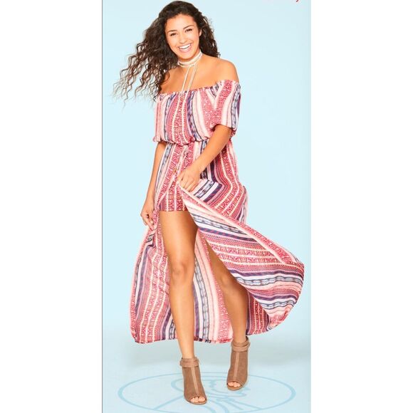 City Triangle Womens Romper Maxi Skirt Overlay XL Pink Off Shoulder Boho Hippie - Picture 1 of 9